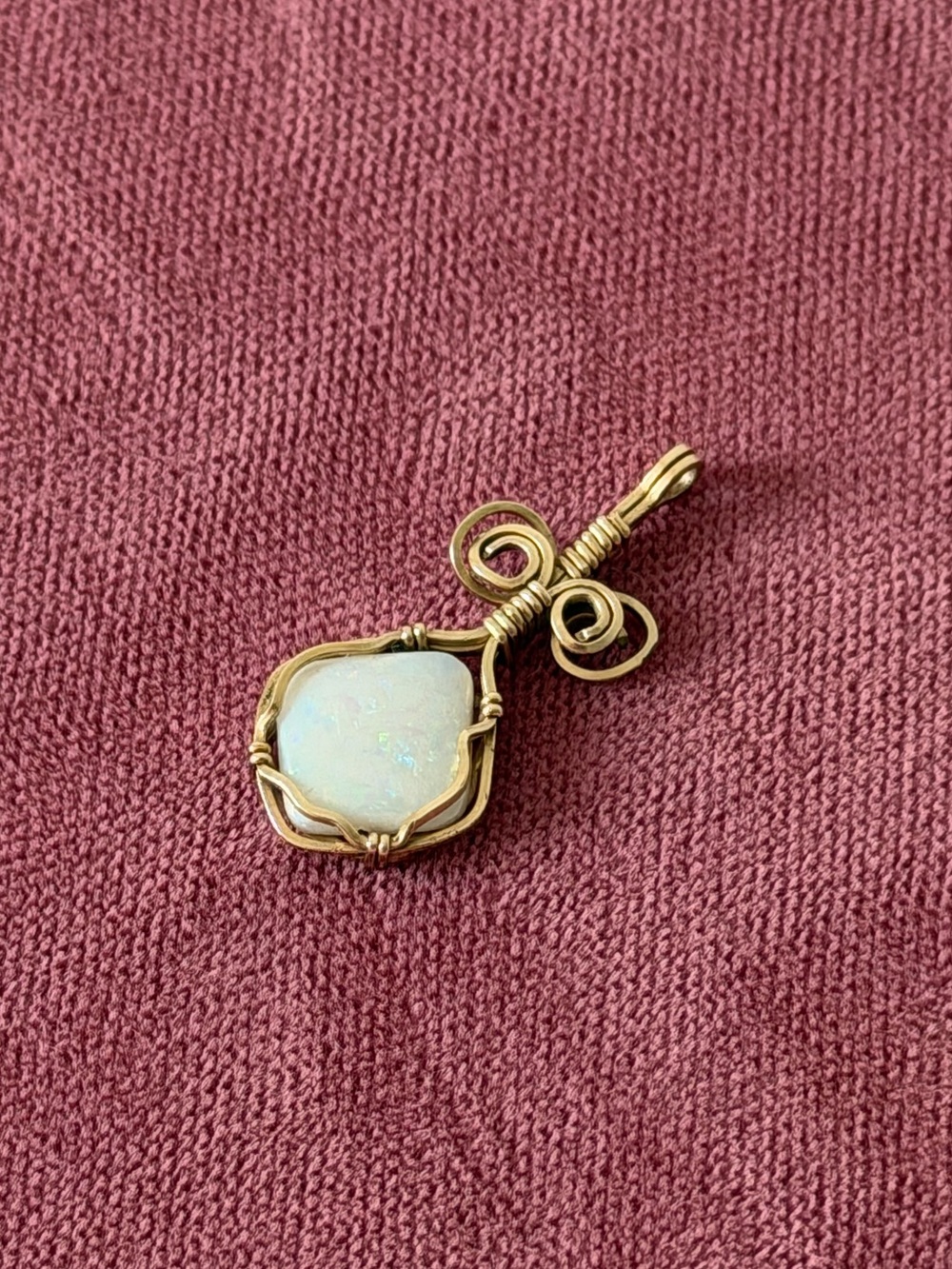 Handmade Gold-Filled Wire-Wrapped Faux White Opal Pendant